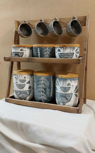 ست شش تیکه پاسماوری و جا ادویه سرامیکی طرح اسگرافیتو با استند چوبی