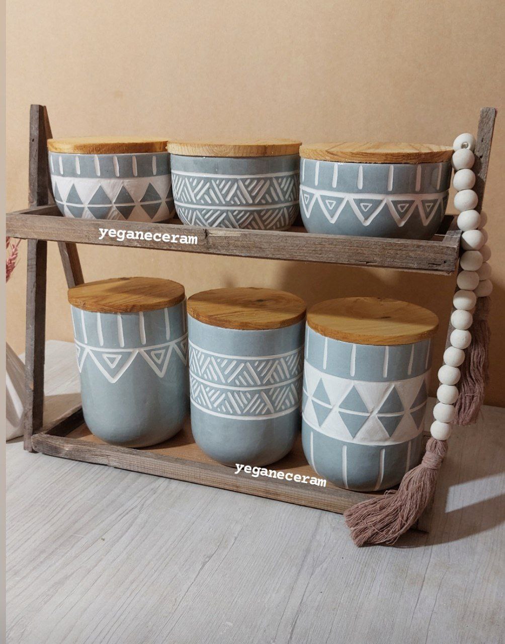 پاسماوری و جا ادویه 6 تیکه استند چوبی  طرح هندسی