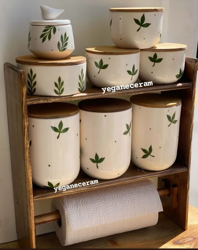 تصویر محصول ست شش تیکه پاسماوری و جا ادویه سرامیکی طرح گل سپر با قندان و شکلات خوری بدون استند